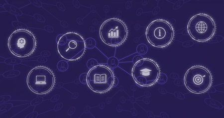Displaying central user avatar linking 8 icons on purple network, with analytics search education....