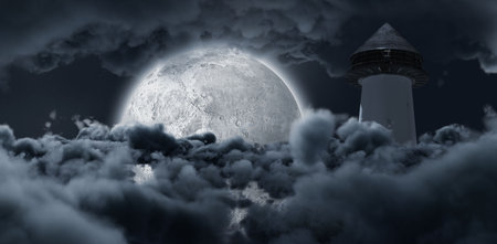 Half Moon shining between clouds and structureの写真素材