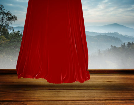 Flat design showing red velvet curtain unfolding on wooden stage amid misty hills and distant peaks. Theatrical, dramatic, ambiance, atmosphere, scenic, moody, elegantの写真素材