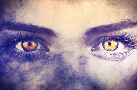 Adult female golden glowing eyes are being shown close-up in vector design, with stone texture. Fantasy, surrealism, mystical, ethereal, digital art, cinematic, supernaturalの写真素材