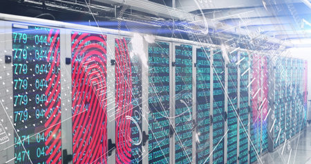 Displaying server cabinets lining data center aisle, with LED lights and fingerprint code overlays....