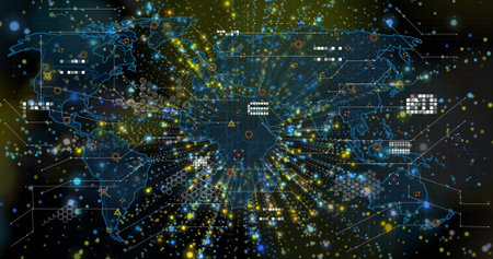 Displaying world map with glowing nodes, connecting lines and hexagon patterns on network UI....