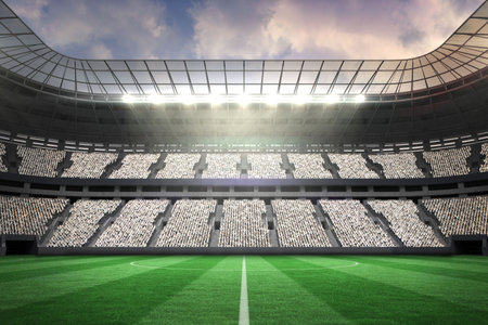 Showing soccer stadium interior in flat design featuring green pitch, seating tiers and floodlights. Sports, arena, architectural, transportation, outdoors, energy, modernの写真素材