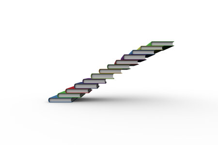 14 colorful hardcover books are floating diagonally to form staircase over white backdrop, vector. Minimalist, vibrant, abstract, educational, creative, geometric, modernの写真素材