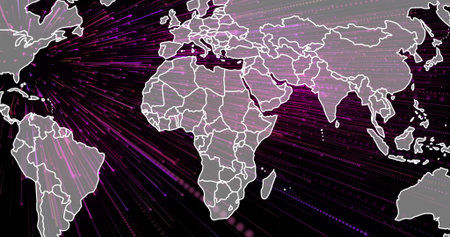 Streaming stylized world map sending data across regions in visualization, with purple pink streams....