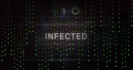 Displaying bold white INFECTED text floating in cyberspace system with cascading green binary code....
