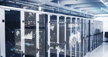 Displaying server racks lining data center aisle, with holographic overlays and office chair at end....