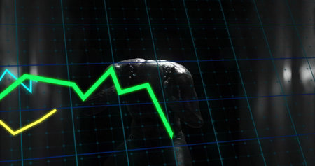 Displaying metallic crocodile head rising on digital grid, neon green and yellow graphs, copy space....