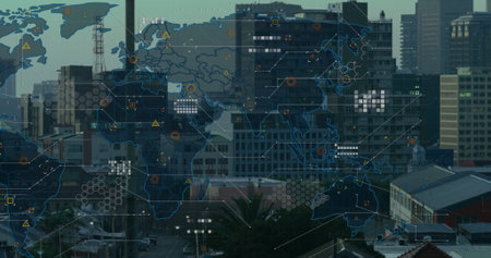 Displaying world map overlay above downtown skyline with circuit lines, data nodes. Urban, technology, connectivity, digital, infrastructure, modern, innovationの写真素材