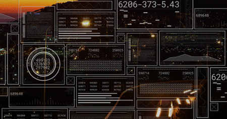 Displaying translucent dashboard panels showing line graphs and waveforms over night city lights....