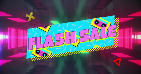 Showing neon-blue banner highlighting FLASH SALE in neon corridor, with cassette icons and shapes. Digital, futuristic, vibrant, branding, technological, abstract, geometricの写真素材