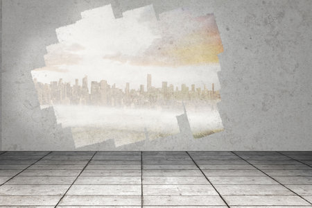 Display on wall showing cityscapeの写真素材