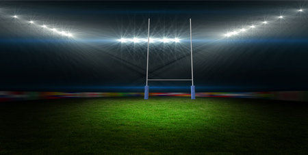 Flat design graphic is showing rugby goal post under floodlights on green turf with blurred banners. Sports, athletic, stadium, competition, night, outdoors, energyの写真素材