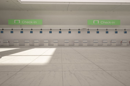 Flat design illustration is featuring continuous airport check-in counters with green signage. Transportation, travel, tourism, modern, minimalistic, commercial, infrastructureの写真素材