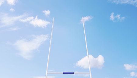 White goal posts are standing against bright blue sky in flat illustration, with small blue marking....