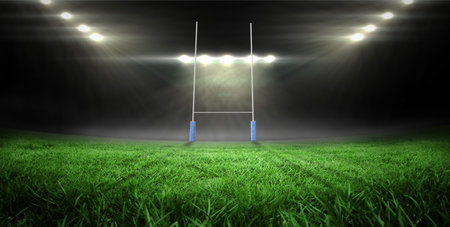 Flat design showing rugby goalpost with blue padding standing on lush grass under night floodlights. Stadium, illumination, sports, outdoor, athletic, competition, canopyの写真素材