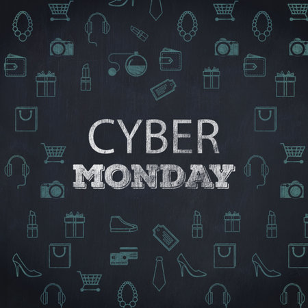 Close-up of Cyber Monday sale sign with various iconの写真素材