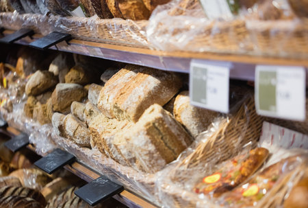 Breads on shelf in bakeryの写真素材