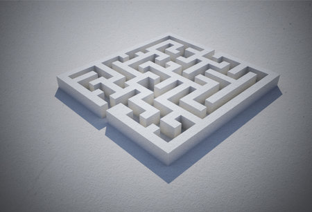 Square maze is appearing as 3D render with concrete corridors and angular shadows on pale surface. Geometric, architecture, minimalism, industrial, structure, design, explorationの写真素材