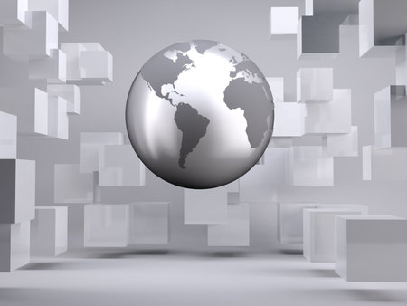 Planet on grey background with cubesの写真素材