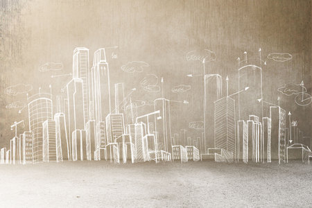 white line city skyline drawing showing arrows and clouds on textured beige corner surface. Urban, architecture, sketch, minimalist, design, concept, constructionの写真素材