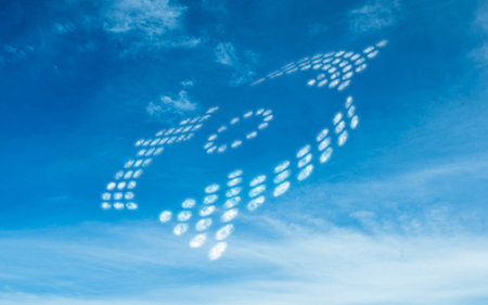 Flat design showing cloud letters FOOD is floating across blue sky with wispy cirrus. Sky, weather,...