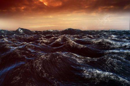 Flat design is showing rough ocean waves rising under fiery storm clouds with lightning. Dramatic, moody, intense, natural, cinematic, dynamic, atmosphericの写真素材