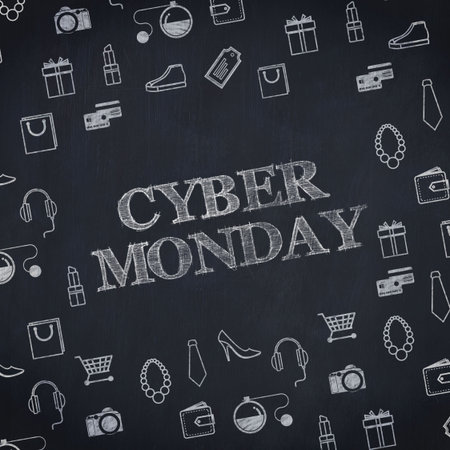 Close-up of Cyber Monday sale sign with various iconの写真素材