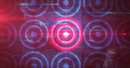 Rendering red target circle crosshair in HUD showing blue dots data overlays and flares. Futuristic, digital, technology, data, visualization, interface, abstractの写真素材