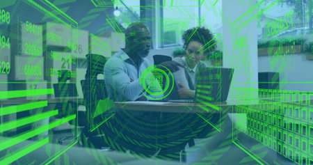 Professionals in business attire reviewing holographic financial data in office with laptop....
