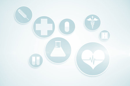 Digitally composite image of medical symbols against blue backgroundsの写真素材