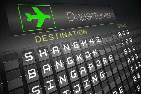 Digitally generated black departures board for asian citiesの写真素材