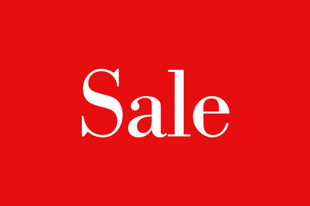 White serif Sale text is being displayed centered over bold red flat vector design background. Advertisement, branding, promotional, graphic design, marketing, typography, visual impactの写真素材