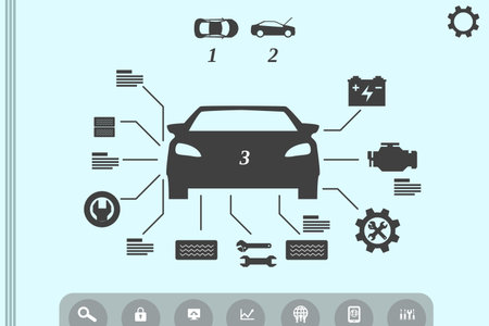 Stylized car icon showing maintenance icons and navigation icons on light blue digital dashboard. Automotive, technology, dashboard, interface, innovation, engineering, digitalの写真素材