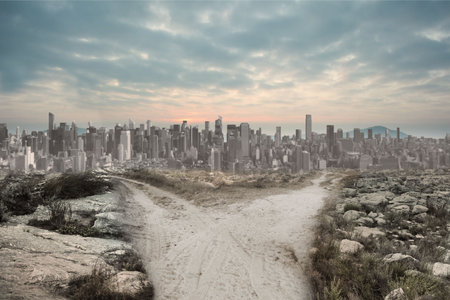 Digitally generated dusty path leading to large city
