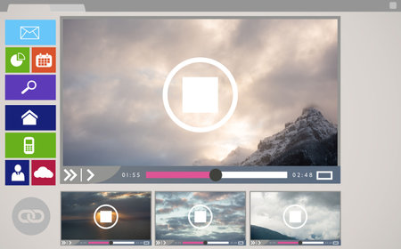 Composite image of various video and computer icons displayed on device screenの写真素材