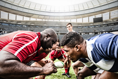 Rugby players facing each other in sports stadiumの写真素材
