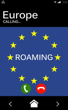 Roaming text and European Union flag on mobile display against white backgroundの写真素材