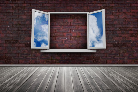 Digitally generated window frame on red brick wall
