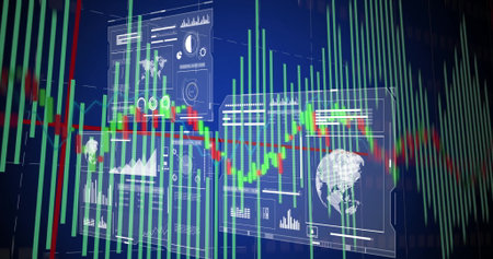 Animation of stock market data processing over team of diverse fashion designers using laptop