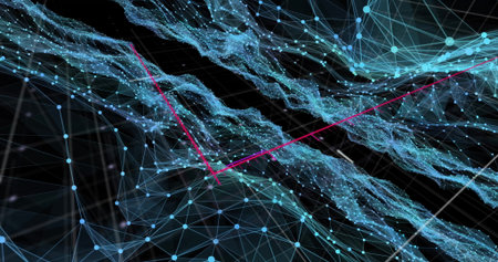 Displaying blue nodes converging with particle streams and pink arrows in digital wireframe mesh. Futuristic, technology, innovation, connectivity, digital, cyber, abstractの写真素材