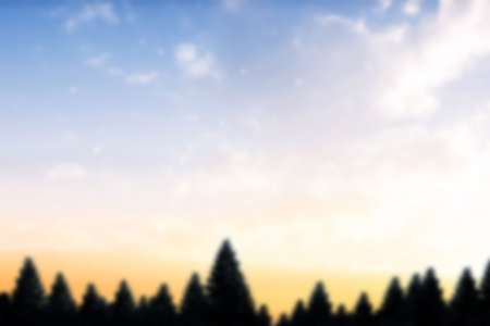 Silhouetted conifer tree line is stretching across horizon in flat vector art, gradient sky. Nature,...
