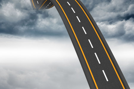 Twisting road spiral is rising through flat design stormy sky, with yellow stripes and white dashes. Highway, transportation, abstract, atmospheric, surreal, elevation, minimalismの写真素材