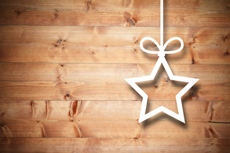 Christmas decorations over wood with copy spaceの写真素材