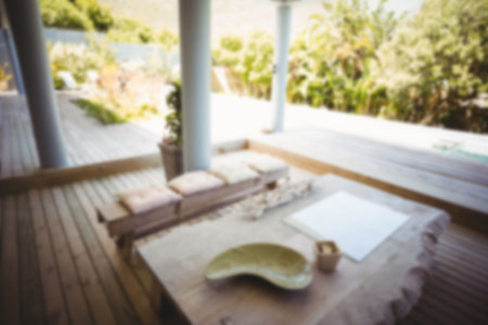 High angle defocused image of empty seats at porch