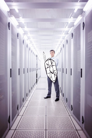 Flat design showing technician standing in illuminated server aisle, holding shield and drawn sword....