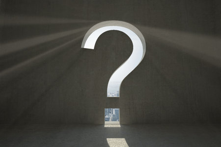 Question mark door in dark roomの写真素材