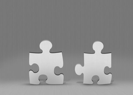 Two oversized white jigsaw puzzle pieces are standing on pale wooden floor in minimal flat design. Abstract, geometric, contemporary, neutral, clean, professional, collaborationの写真素材