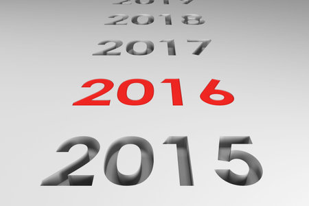 Red 2016 numeral is standing in 3D render on light-gray plane, showing receding gray year sequence....