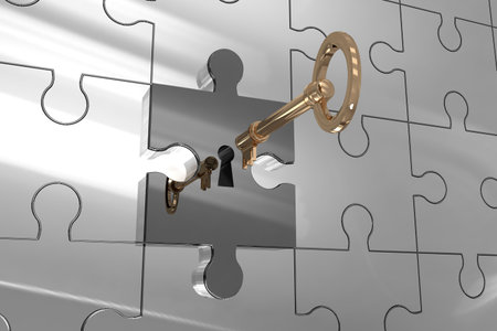 Gold key is sliding into keyhole-shaped gap in reflective silver jigsaw puzzle 3D render. Metallic, puzzle, reflective, luxury, innovation, abstract, modernの写真素材